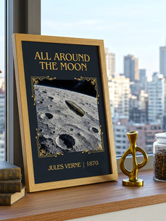 All Around The Moon Classic Book Art Print by Jules Verne – framed print on a city-view windowsill