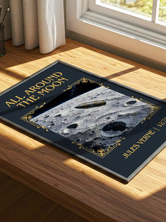All Around The Moon Classic Book Art Print by Jules Verne – print on a sunlit desk