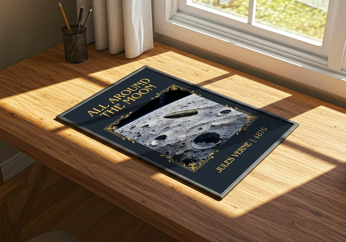 All Around The Moon Classic Book Art Print by Jules Verne – print on a sunlit desk
