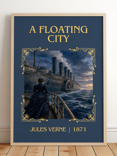 A Floating City Classic Book Art Print by Jules Verne – framed print leaning on a wooden floor
