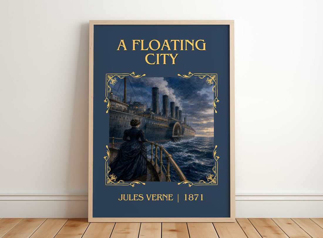 A Floating City Classic Book Art Print by Jules Verne – framed print leaning on a wooden floor
