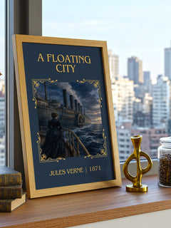 A Floating City Classic Book Art Print by Jules Verne – framed print on a city-view windowsill