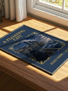 A Floating City Classic Book Art Print by Jules Verne – print on a sunlit desk