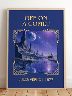 Off On A Comet Classic Book Art Print by Jules Verne – framed print leaning on a wooden floor
