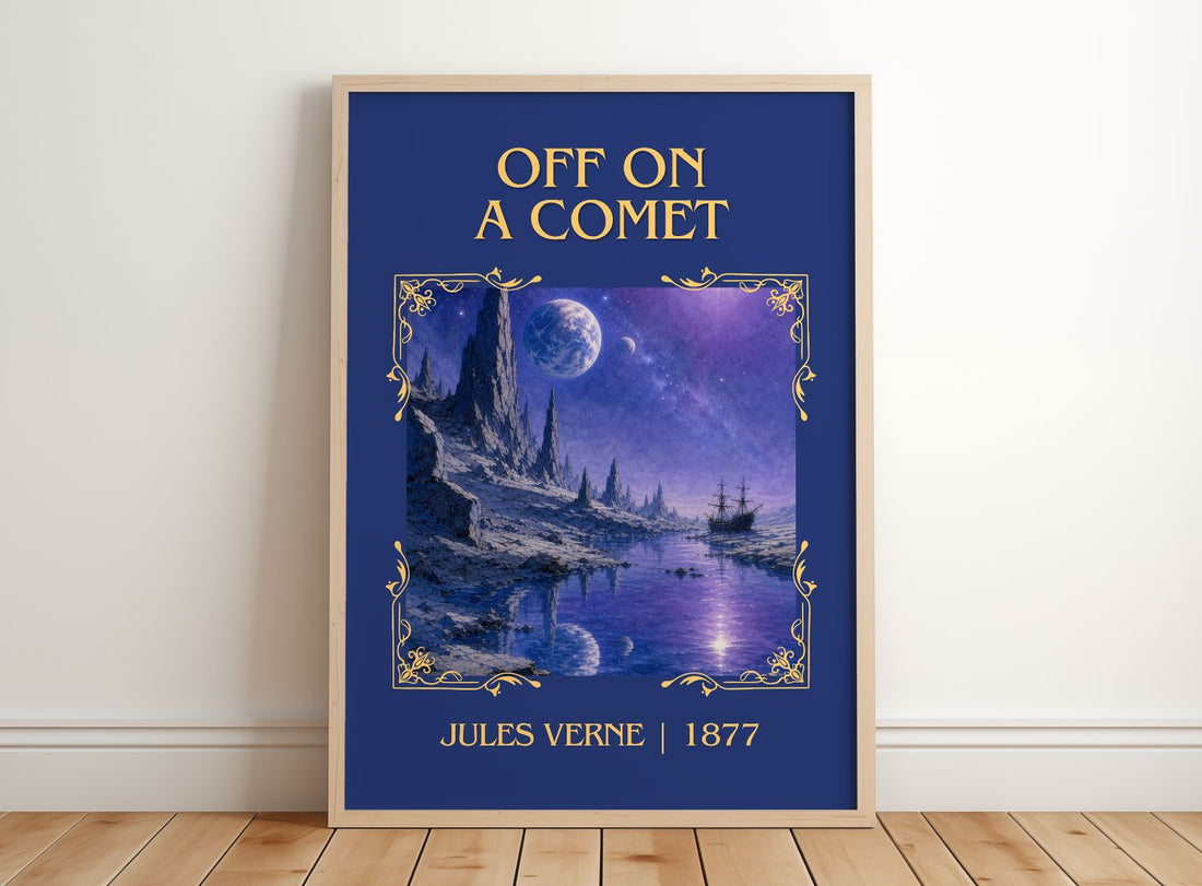 Off On A Comet Classic Book Art Print by Jules Verne – framed print leaning on a wooden floor