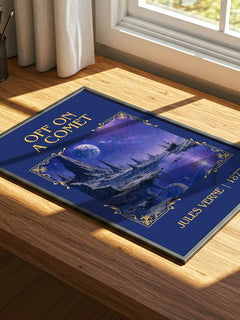 Off On A Comet Classic Book Art Print by Jules Verne – print on a sunlit desk