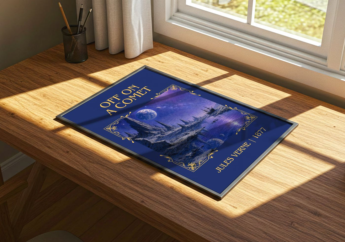 Off On A Comet Classic Book Art Print by Jules Verne – print on a sunlit desk
