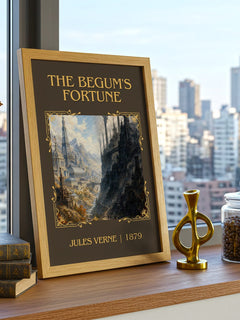 The Begum's Fortune Classic Book Art Print by Jules Verne – framed print on a city-view windowsill