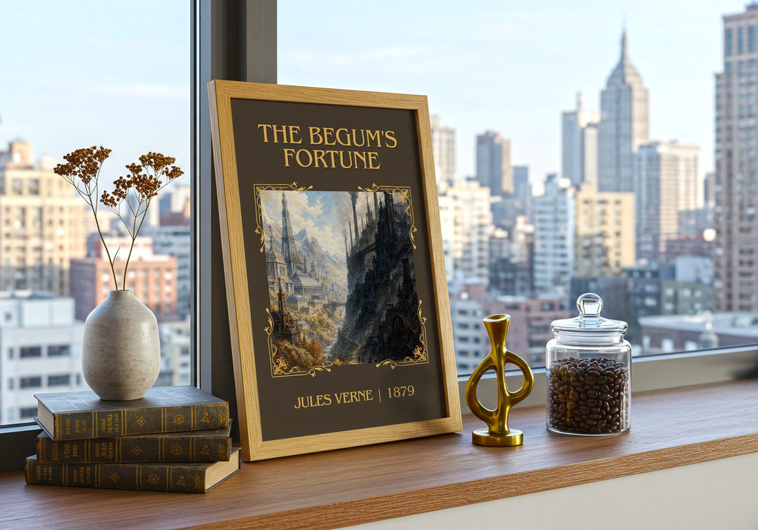 The Begum's Fortune Classic Book Art Print by Jules Verne – framed print on a city-view windowsill