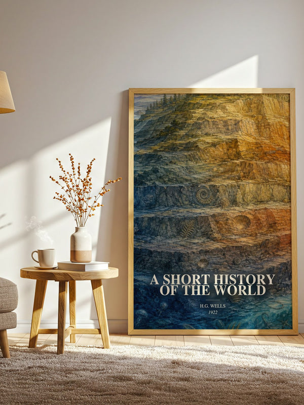A Short History Of The World watercolour print in frame leaning in hallway – non fiction wall art