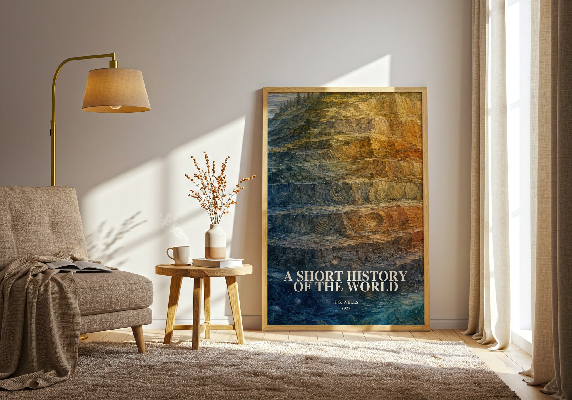 A Short History Of The World watercolour print in frame leaning in hallway – non fiction wall art