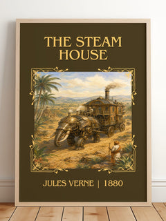 The Steam House Classic Book Art Print by Jules Verne – framed print leaning on a wooden floor