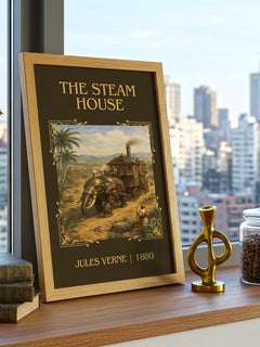 The Steam House Classic Book Art Print by Jules Verne – framed print on a city-view windowsill