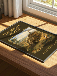 The Steam House Classic Book Art Print by Jules Verne – print on a sunlit desk