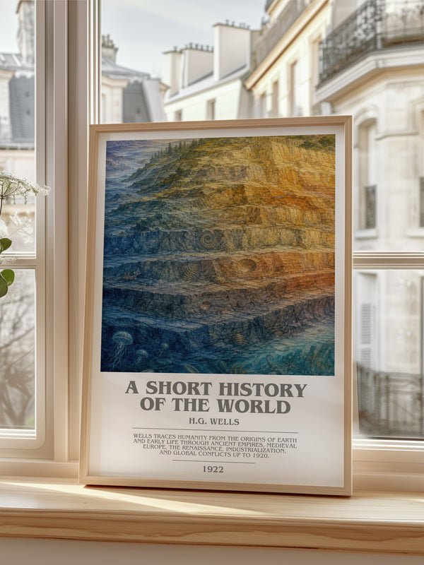A Short History Of The World Bookish Wall Art by H.G. Wells – framed print by a bright window