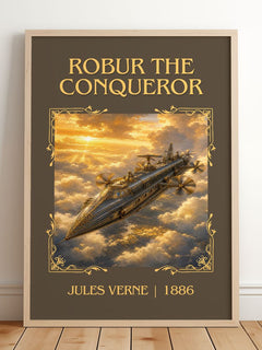 Robur The Conqueror Classic Book Art Print by Jules Verne – framed print leaning on a wooden floor