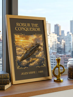 Robur The Conqueror Classic Book Art Print by Jules Verne – framed print on a city-view windowsill