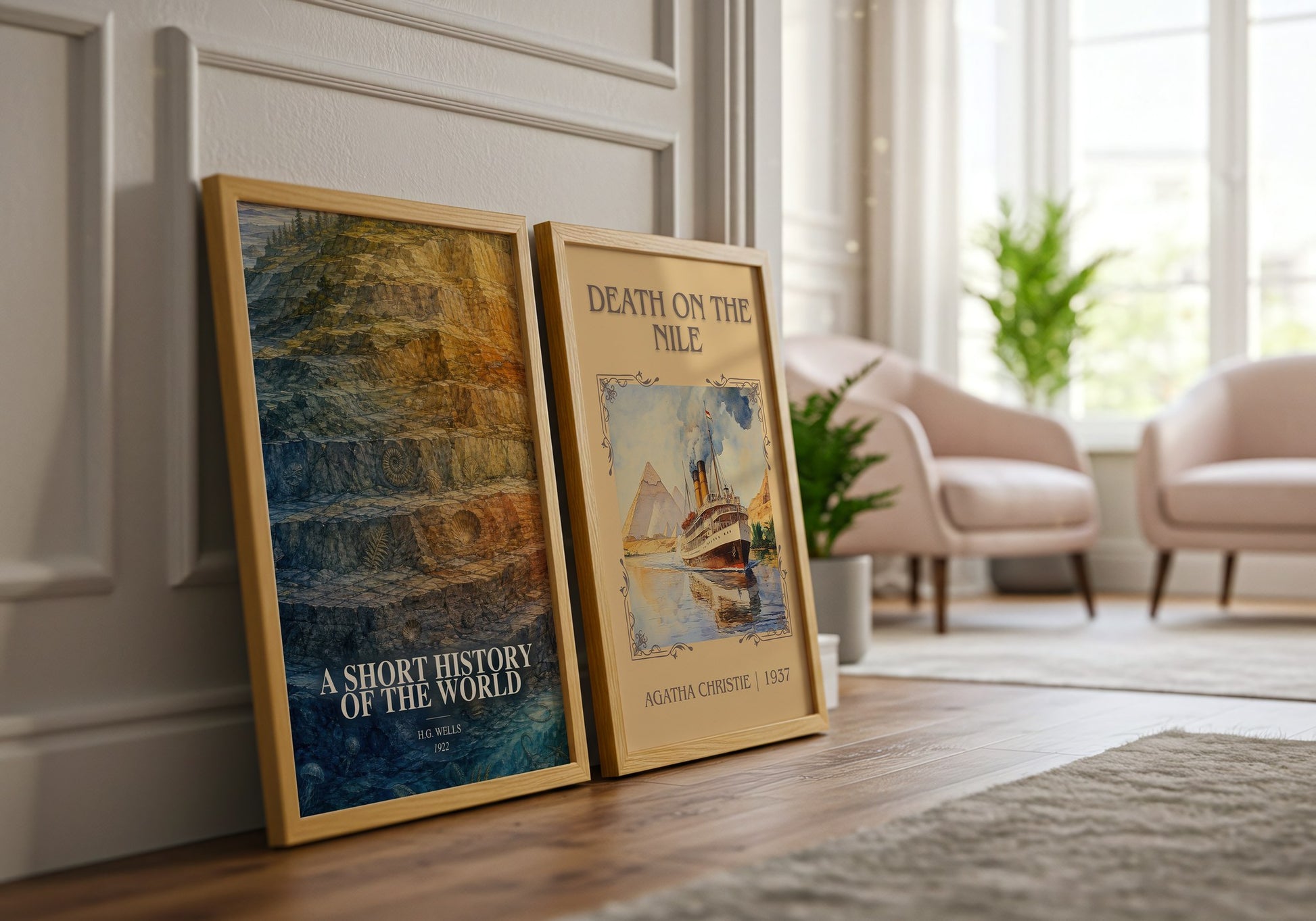 A Short History Of The World watercolour print framed by window – literary home decor