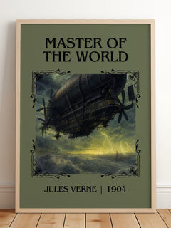 Master Of The World Classic Book Art Print by Jules Verne – framed print leaning on a wooden floor