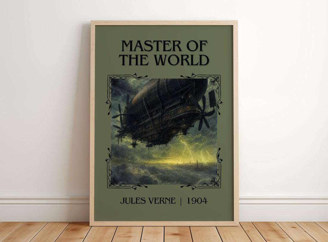 Master Of The World Classic Book Art Print by Jules Verne – framed print leaning on a wooden floor