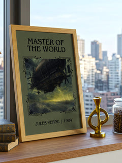 Master Of The World Classic Book Art Print by Jules Verne – framed print on a city-view windowsill