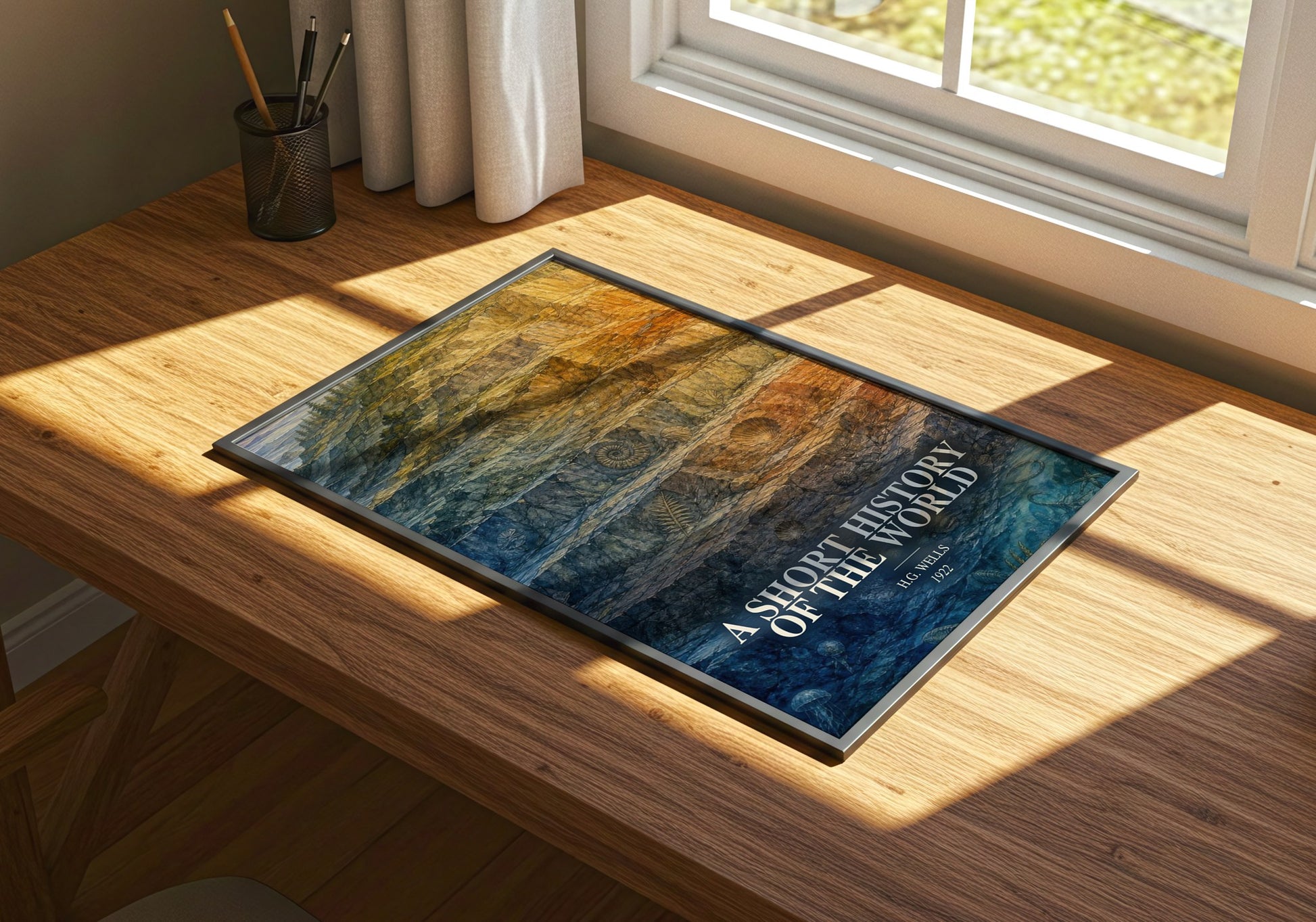 A Short History Of The World watercolour book poster framed on wall – non fiction wall art