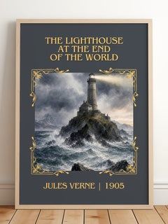 Lighthouse At The End Of The World Classic Book Art Print by J. Verne – framed print leaning on a wooden floor