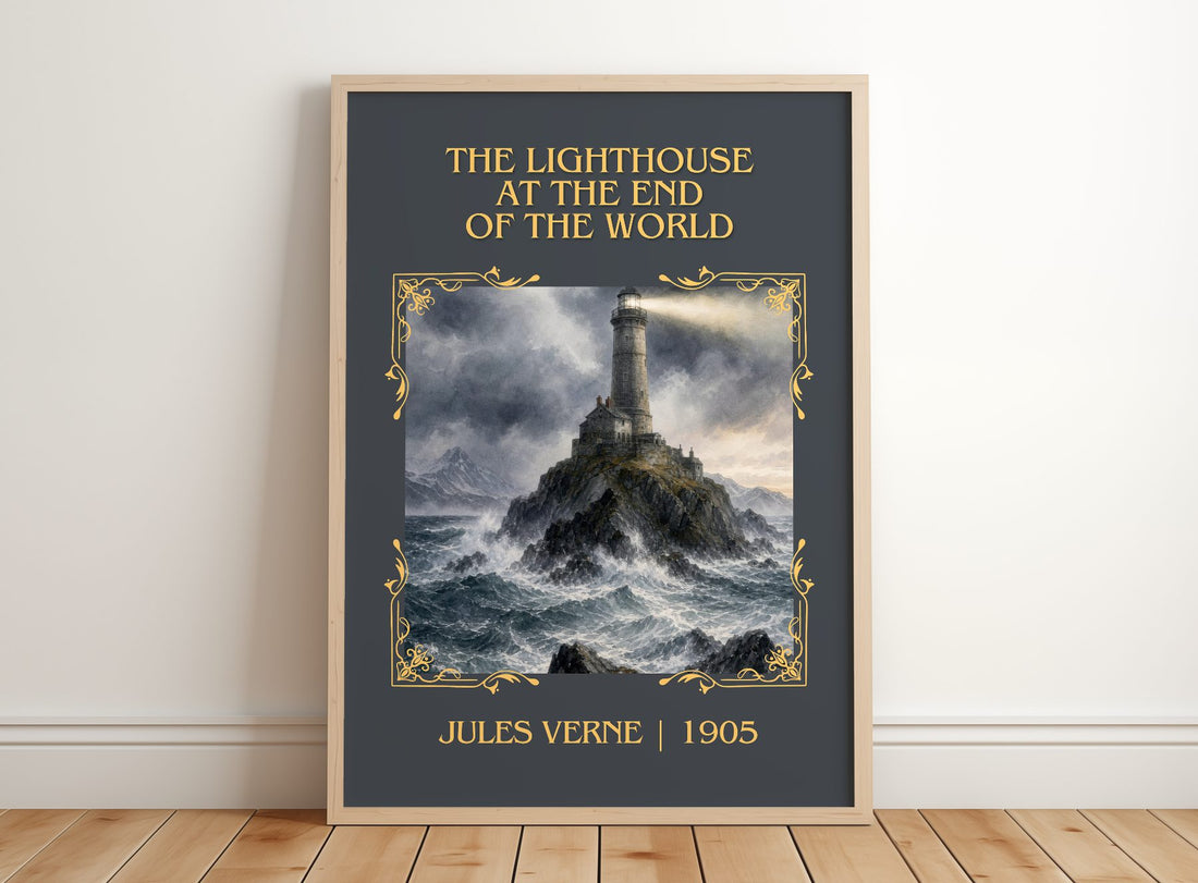 Lighthouse At The End Of The World Classic Book Art Print by J. Verne – framed print leaning on a wooden floor