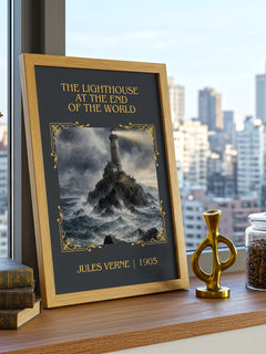 Lighthouse At The End Of The World Classic Book Art Print by J. Verne – framed print on a city-view windowsill