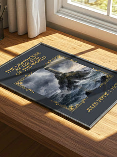 Lighthouse At The End Of The World Classic Book Art Print by J. Verne – print on a sunlit desk