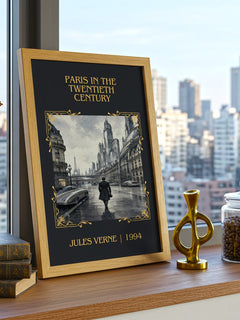 Paris In The Twentieth Century Classic Book Art Print by Jules Verne – framed print on a city-view windowsill