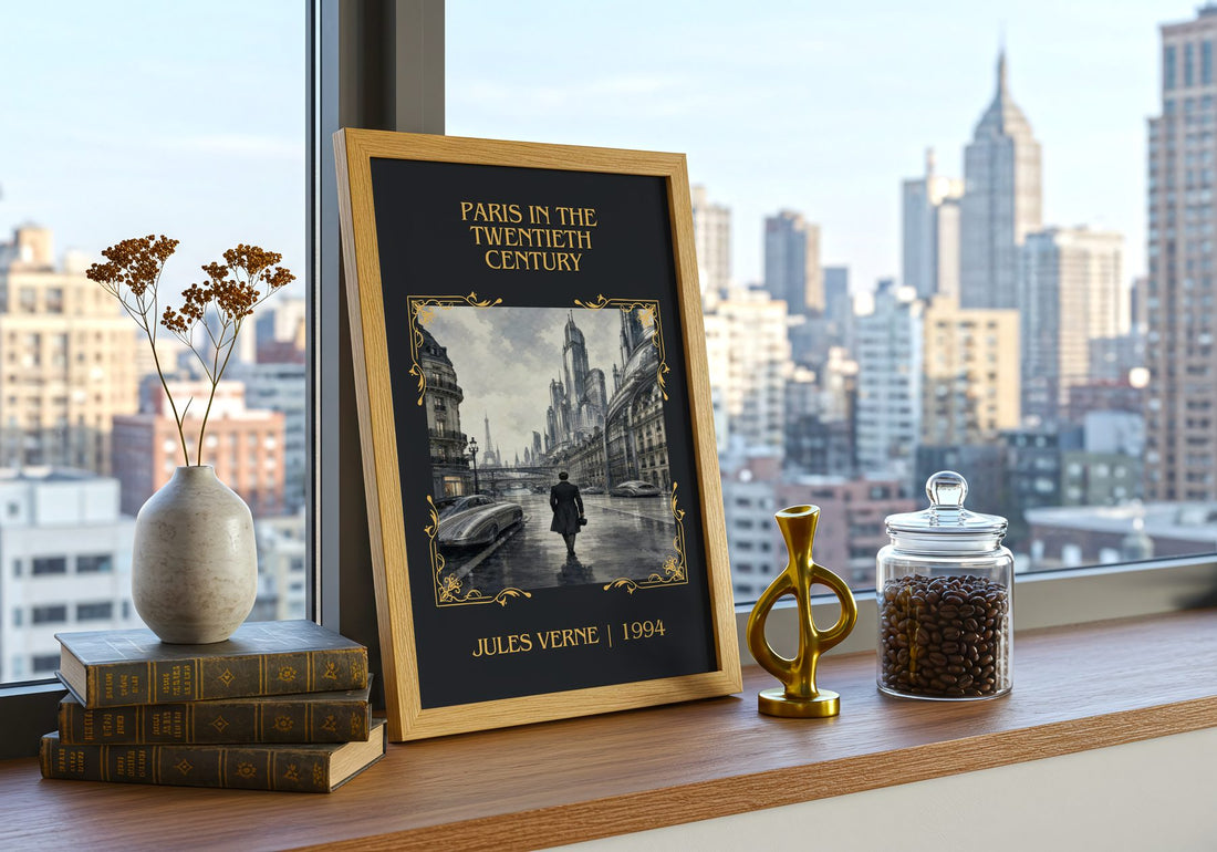 Paris In The Twentieth Century Classic Book Art Print by Jules Verne – framed print on a city-view windowsill