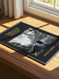 Paris In The Twentieth Century Classic Book Art Print by Jules Verne – print on a sunlit desk