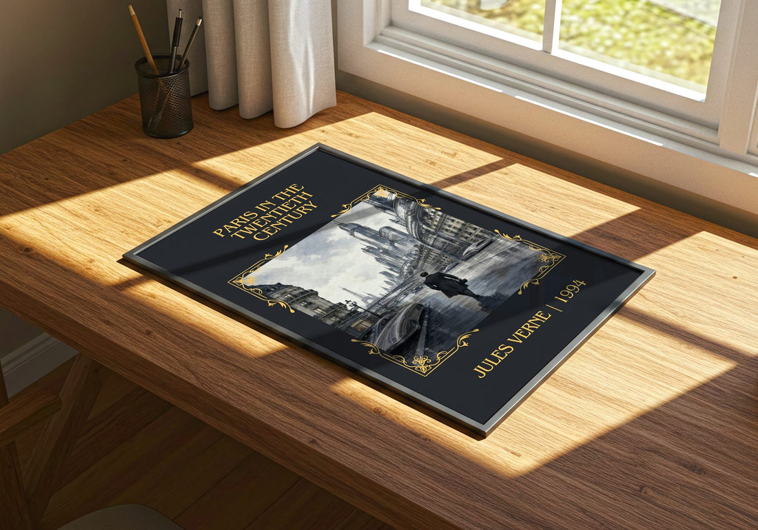 Paris In The Twentieth Century Classic Book Art Print by Jules Verne – print on a sunlit desk