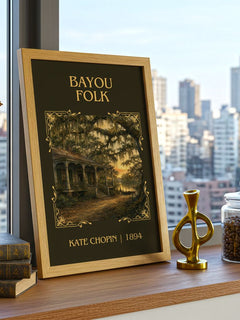 Bayou Folk Classic Book Art Print by Kate Chopin – framed print on a city-view windowsill