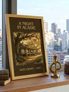 A Night In Acadie Classic Book Art Print by Kate Chopin – framed print on a city-view windowsill