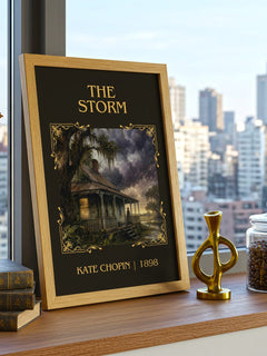 The Storm Classic Book Art Print by Kate Chopin – framed print on a city-view windowsill