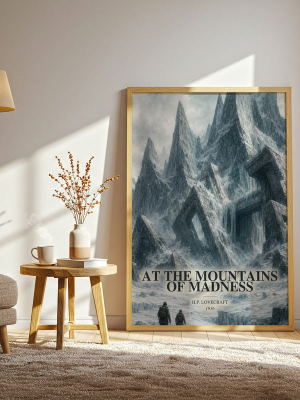 At The Mountains Of Madness watercolour print in frame leaning in hallway – horror wall art
