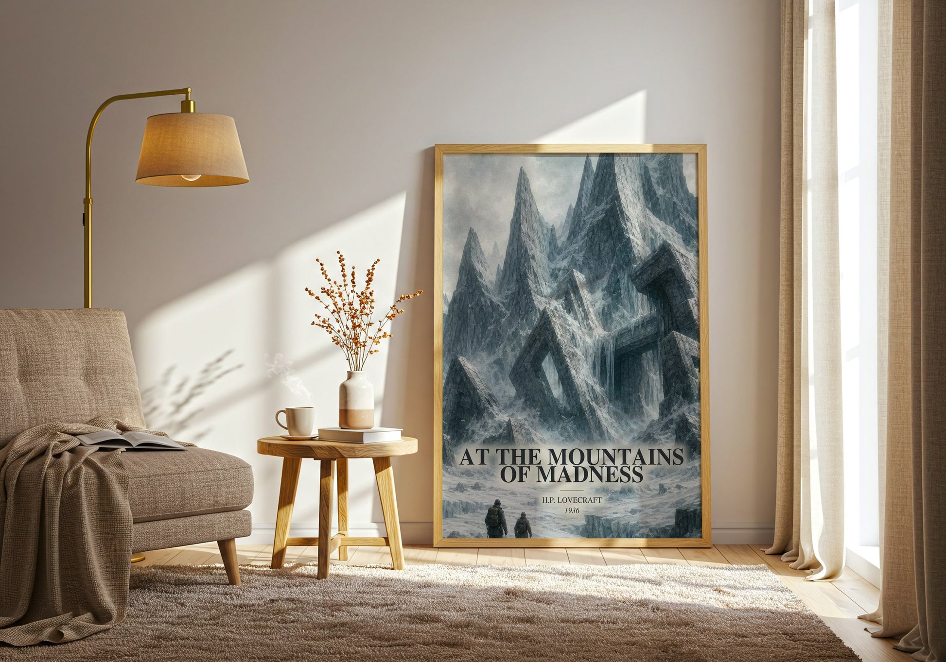 At The Mountains Of Madness watercolour print in frame leaning in hallway – horror wall art