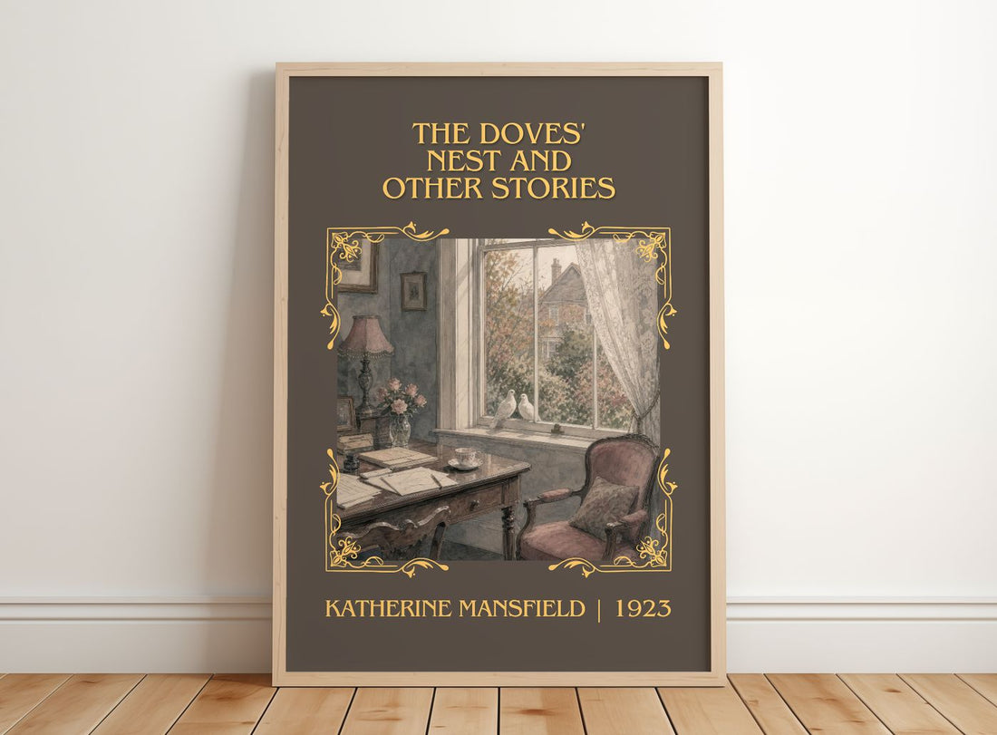 Doves' Nest And Other Stories Classic Book Art Print by K. Mansfield – framed print leaning on a wooden floor
