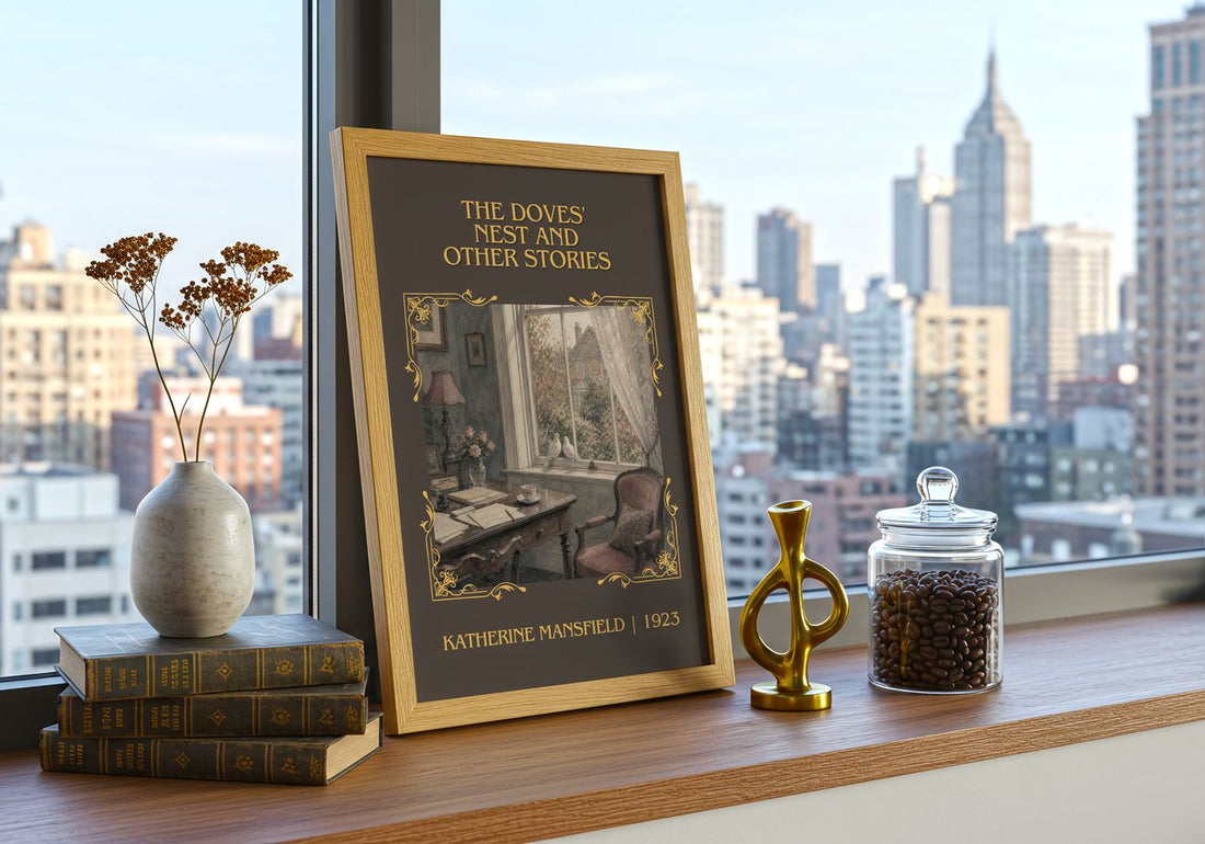 Doves' Nest And Other Stories Classic Book Art Print by K. Mansfield – framed print on a city-view windowsill