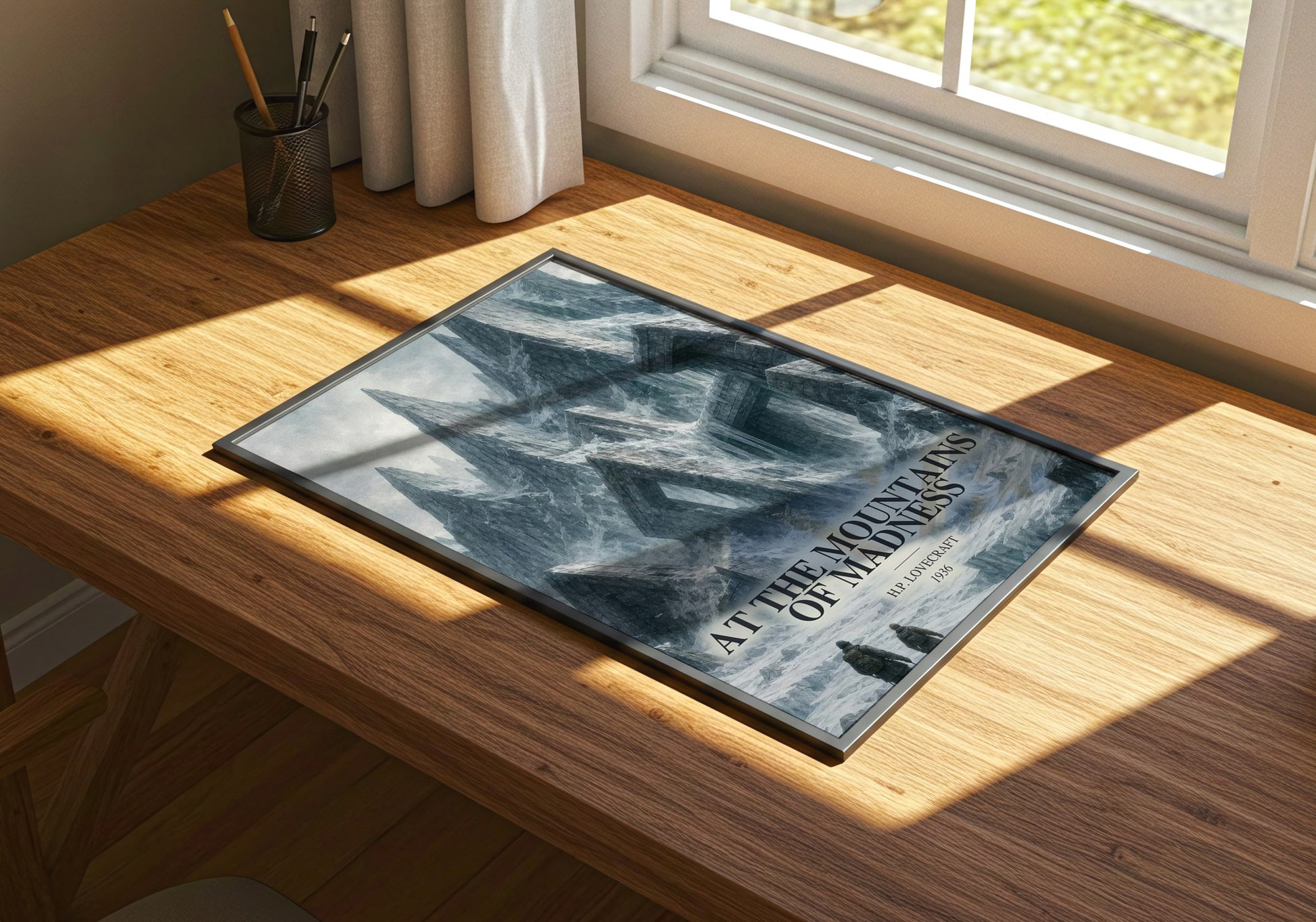 At The Mountains Of Madness watercolour book poster framed on wall – horror wall art