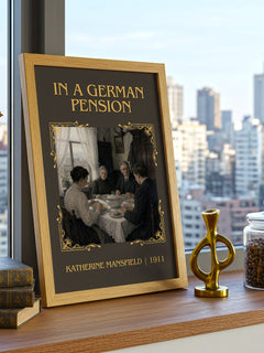 In A German Pension Classic Book Art Print by Katherine Mansfield – framed print on a city-view windowsill