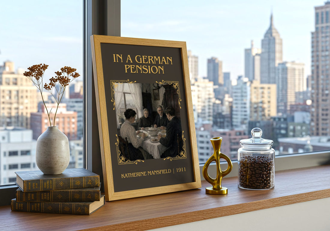 In A German Pension Classic Book Art Print by Katherine Mansfield – framed print on a city-view windowsill