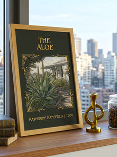 The Aloe Classic Book Art Print by Katherine Mansfield – framed print on a city-view windowsill