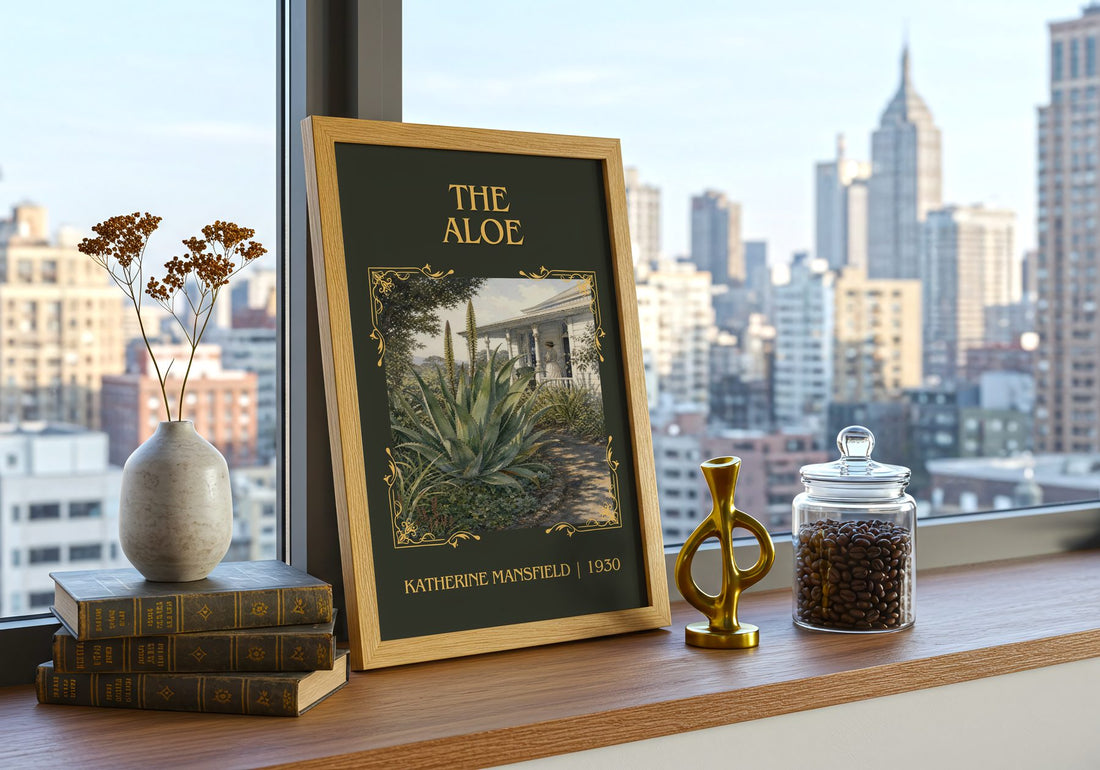 The Aloe Classic Book Art Print by Katherine Mansfield – framed print on a city-view windowsill