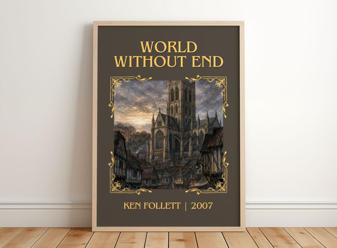 World Without End Classic Book Art Print by Ken Follett – framed print leaning on a wooden floor