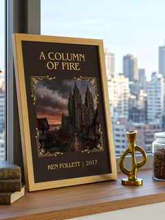 A Column Of Fire Classic Book Art Print by Ken Follett – framed print on a city-view windowsill