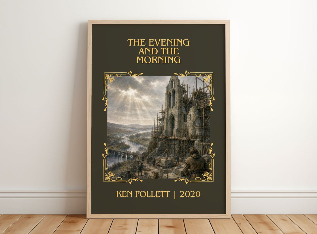 The Evening And The Morning Classic Book Art Print by Ken Follett – framed print leaning on a wooden floor