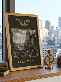 The Evening And The Morning Classic Book Art Print by Ken Follett – framed print on a city-view windowsill